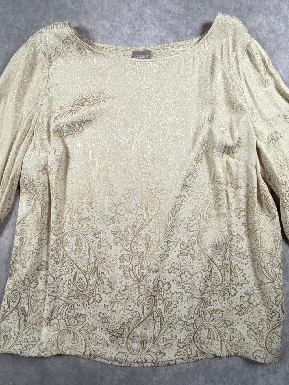 Chico's Women Top Rayon Blend Paisley 3/4 Sleeve Size 3 XL Ivory Beige